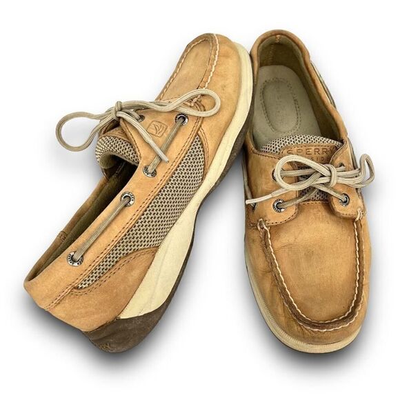 Sperry Top-Sider Intrepid 2 Eye Leather Mesh Linen Tan Beige Loafer Boat Shoes 7 - Picture 10 of 10